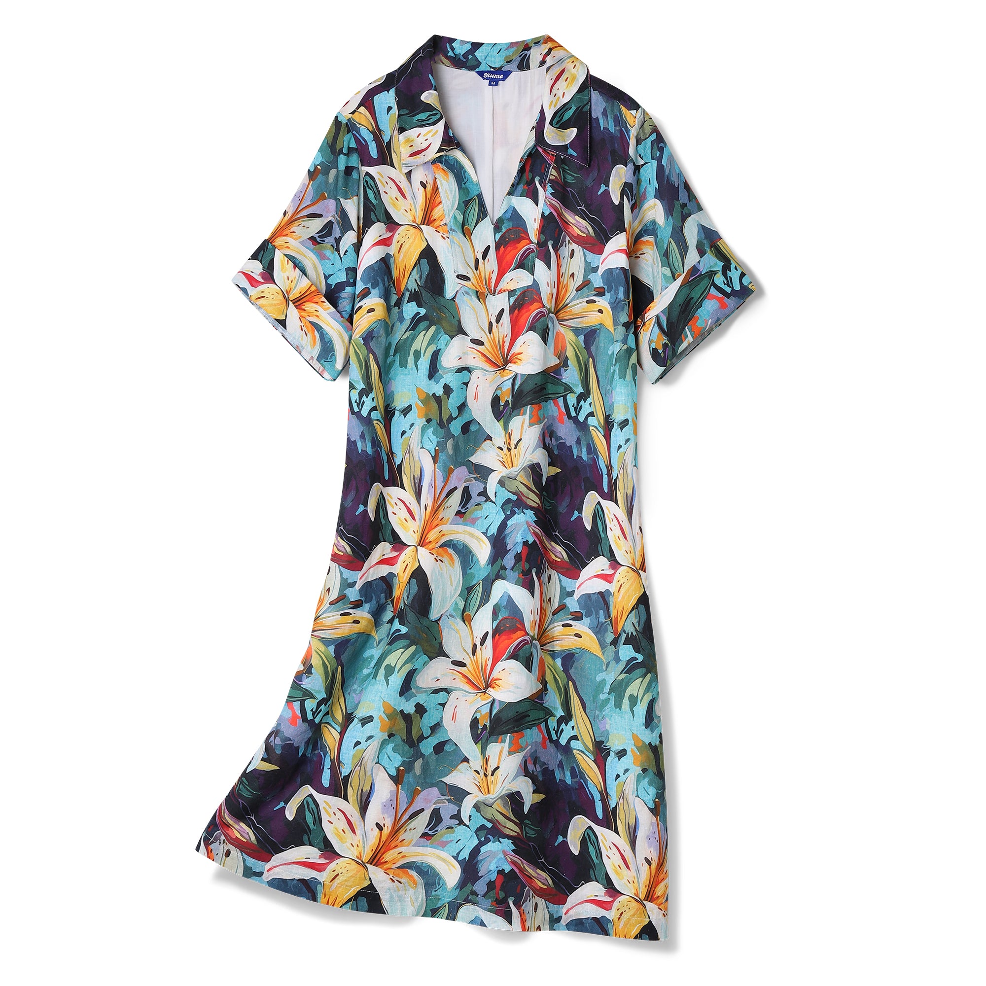 Hawaiian Dress For Women Tropical Vacation Dress Greenish Lily Flower V-Neck Dress