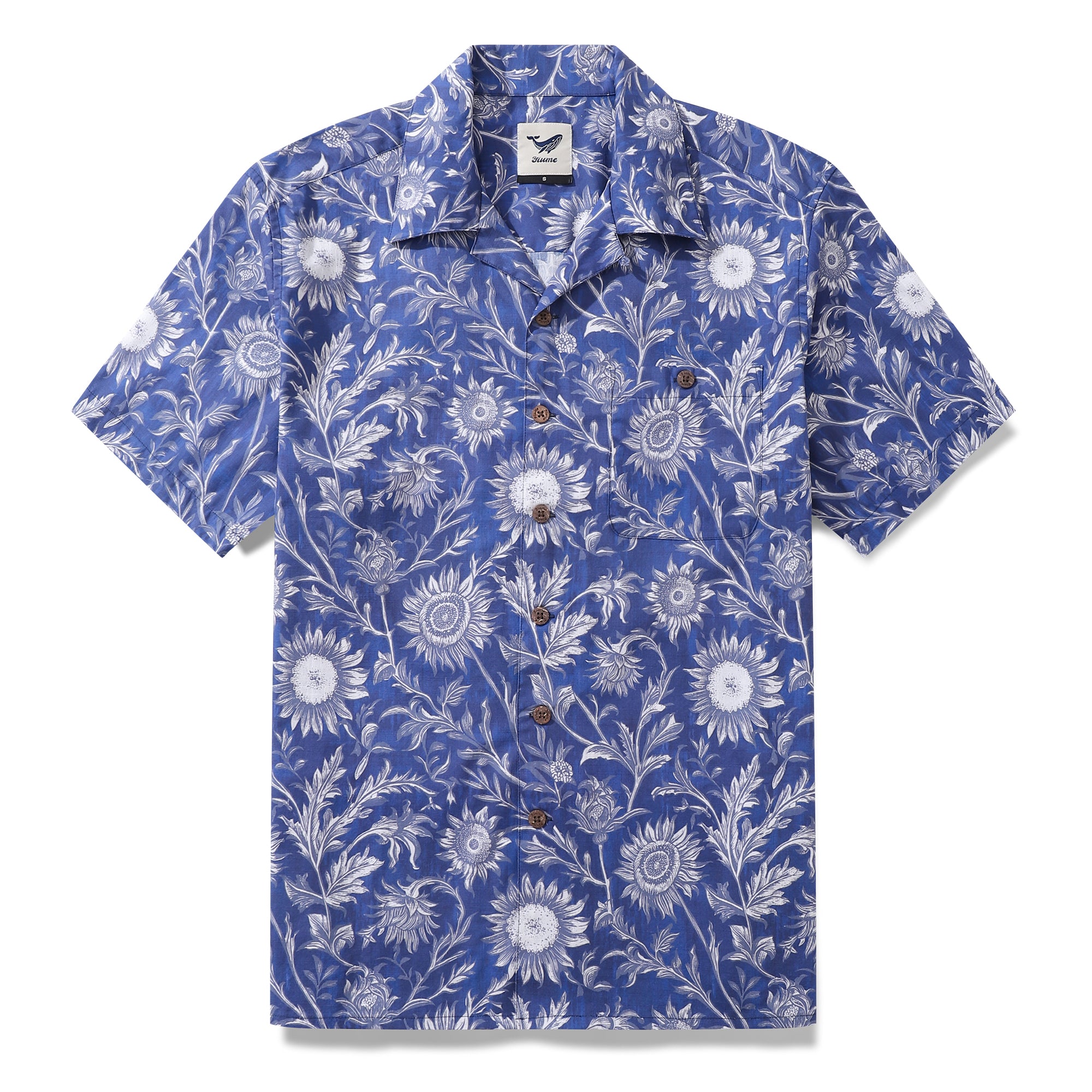 Hawaiian Shirt For Men Blue and White Porcelain Sunflower Camp collar Short Sleeve 100% Cotton Shirt