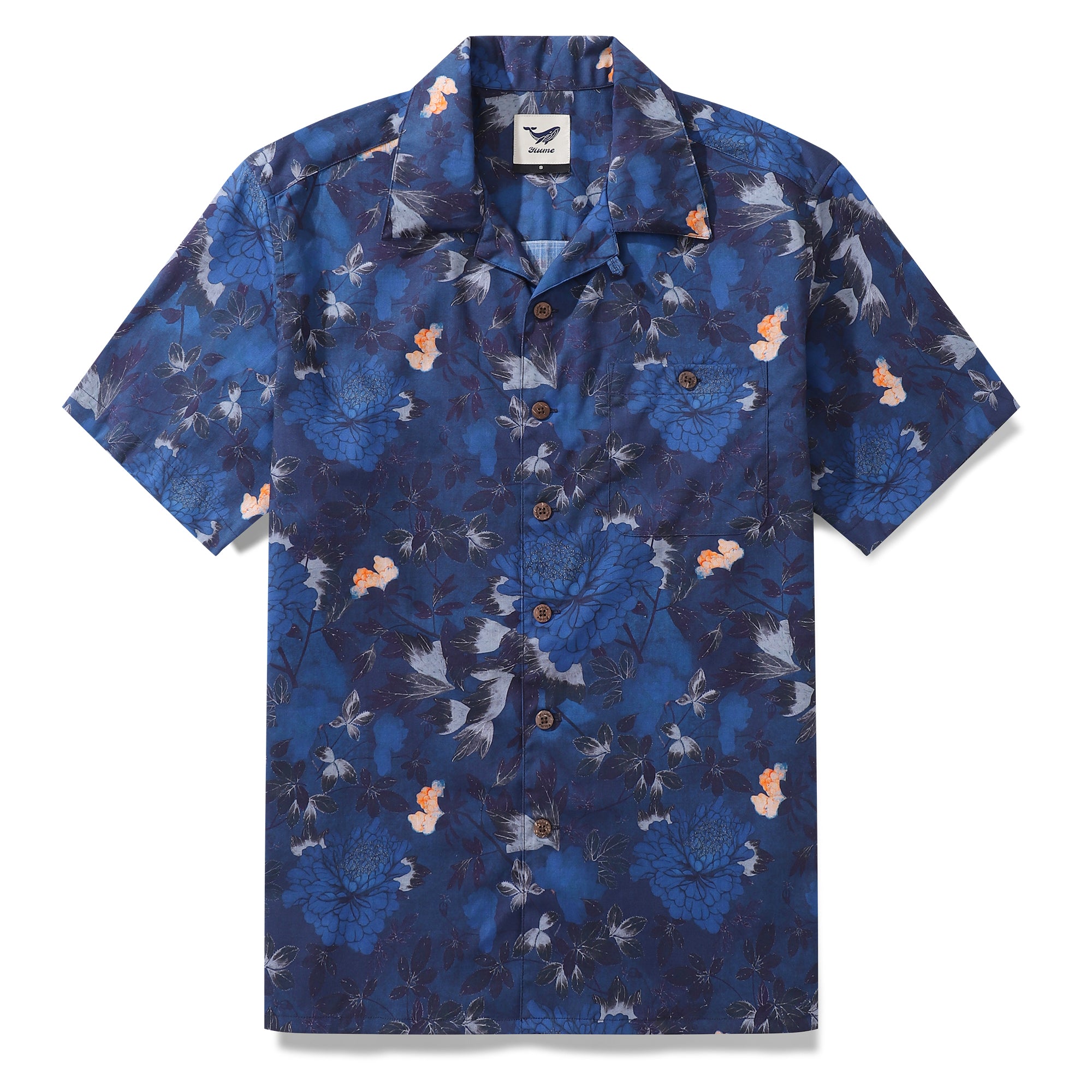 Dark Blue Hawaiian Shirt For Men Peony Shirt Camp Collar 100% Cotton Shirt