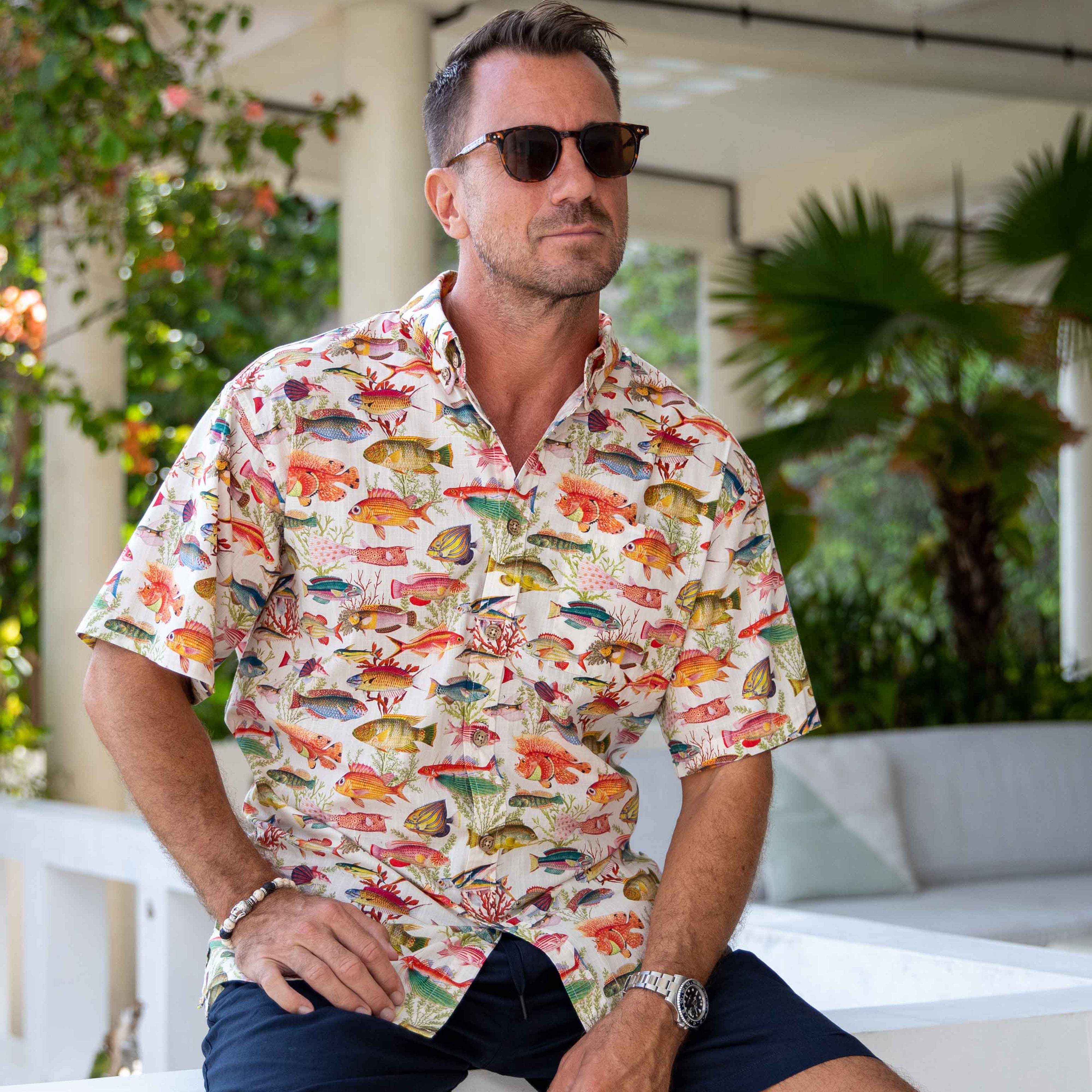 Camicia hawaiana da uomo Camicia Aloha a maniche corte in cotone con stampa di pesci marini e oceanici