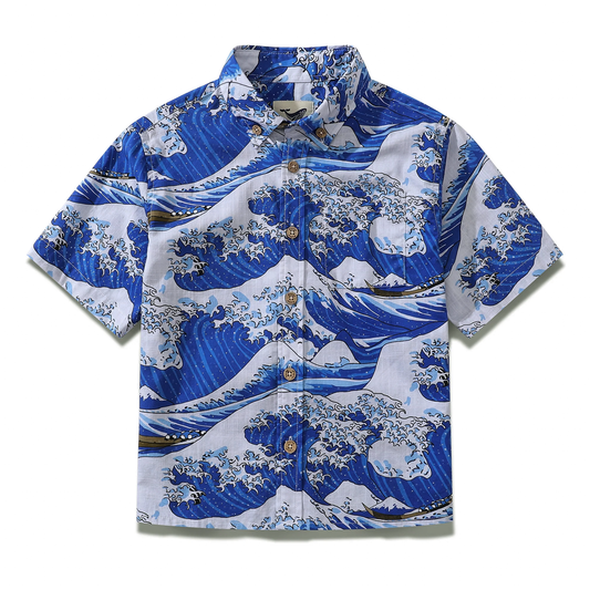 Children's Hawaiian Shirt Ocean Waves Japanese Ukiyo-e Print Cotton Button-down Short Sleeve