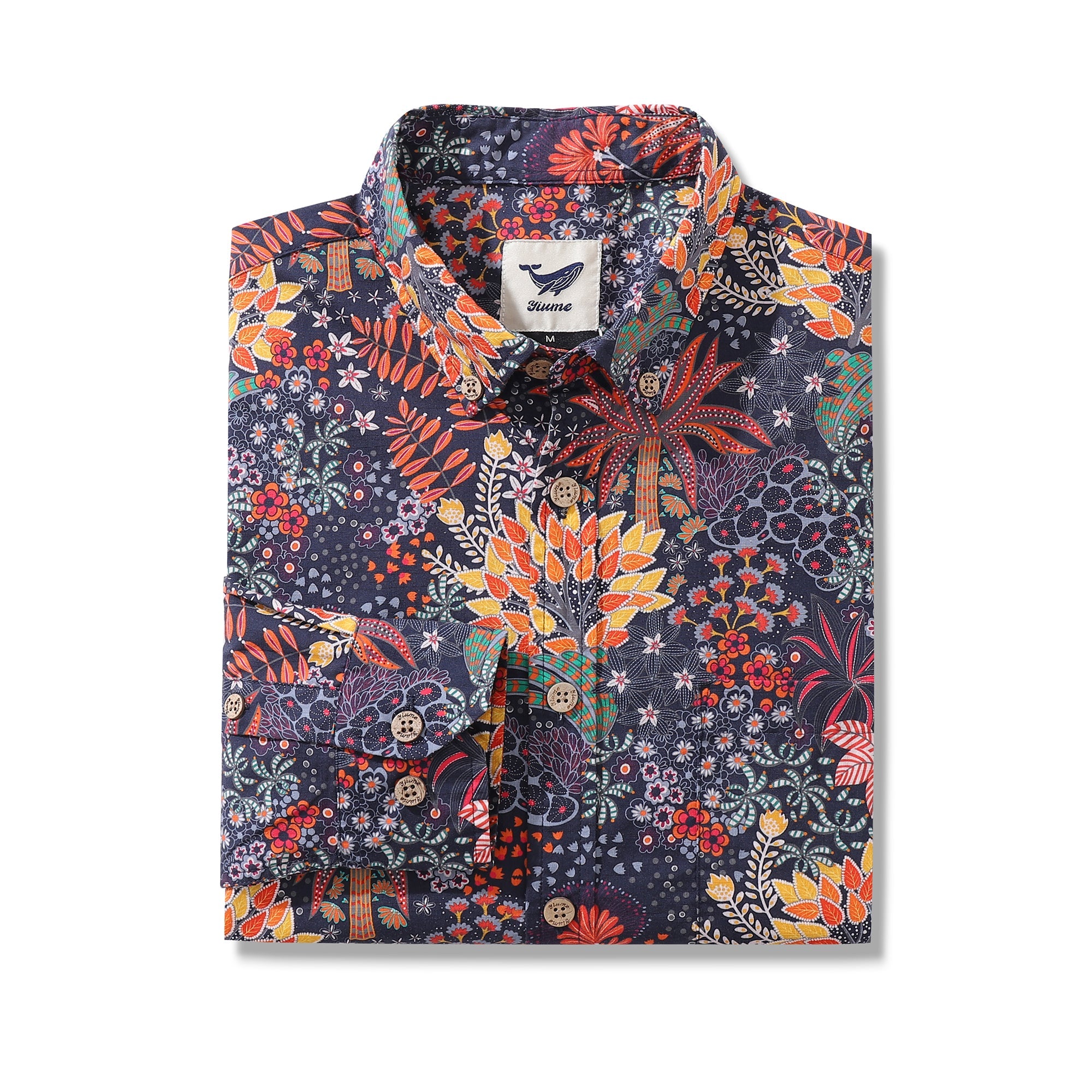 Camisa Hawaiana para Hombre con Estampado de Plantas Peculiares de Algodón, Botones y Manga Larga Aloha