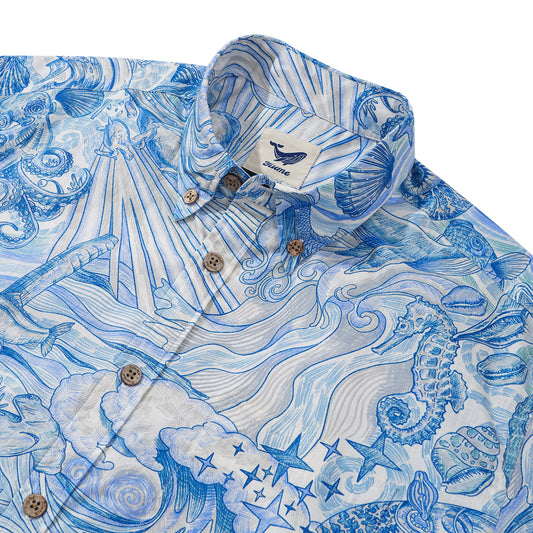 Men's Hawaiian Shirt Short Sleeve Button-down 100% Cotton Blue Aloha Dreamy Ocean