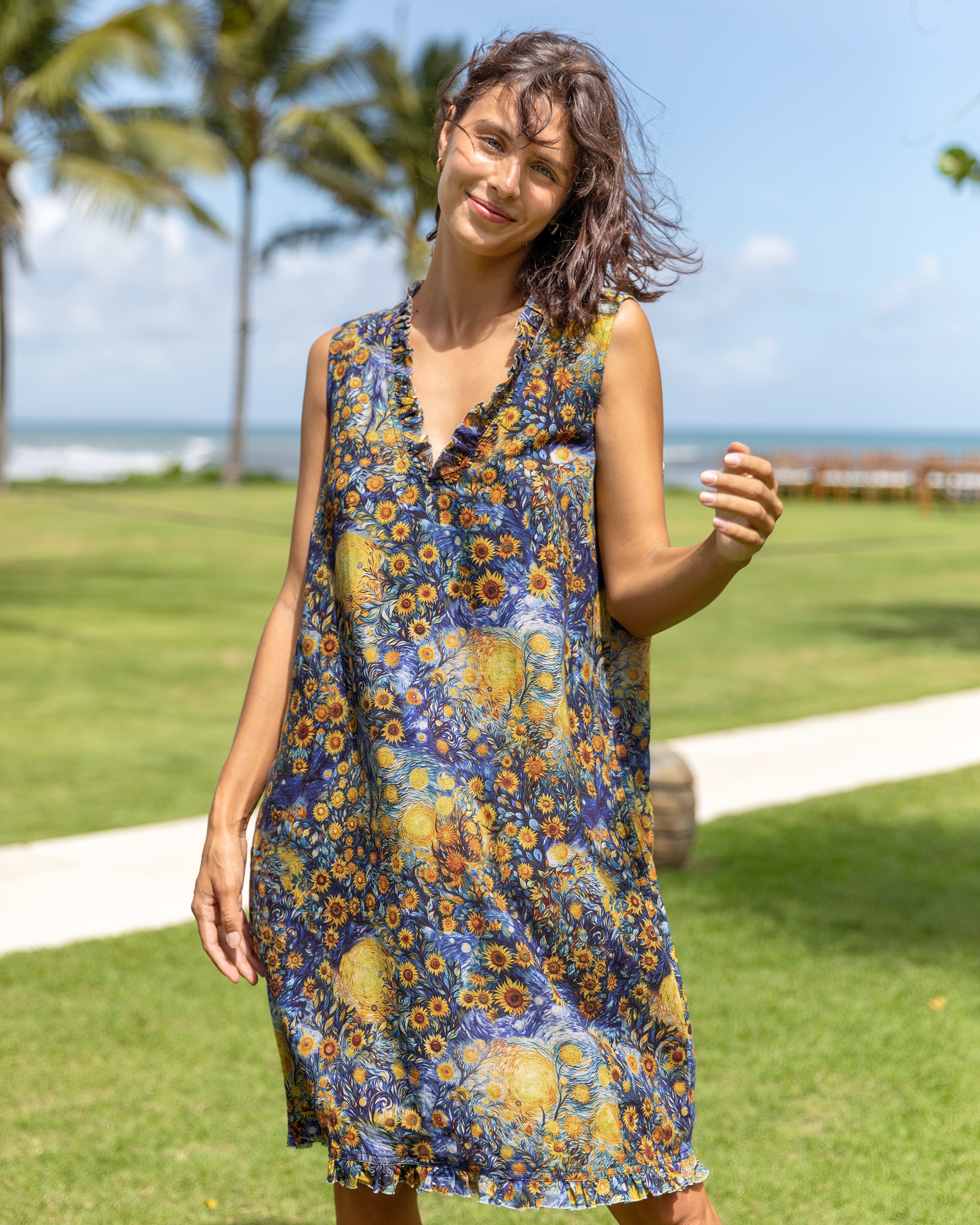 Hawaiian Dress For Women Beach Vacation Dress Van Gogh Sunflower V-Neck Dress