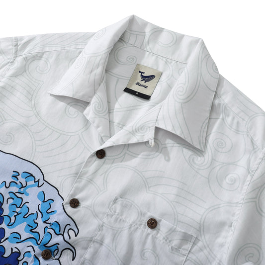 Wave Hawaiian Shirt For Men Japanese Aloha Shirt Cotton Short Sleeve Camp Shirt