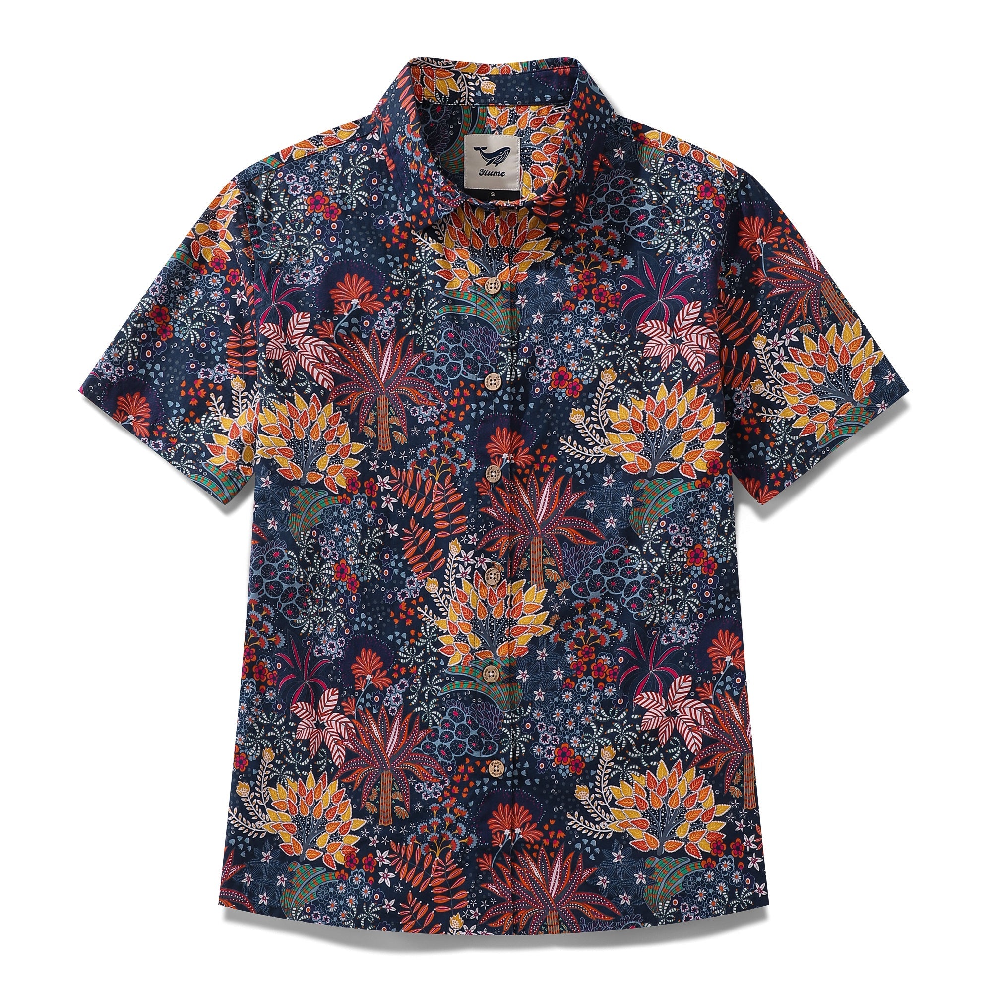 Camisa Hawaiana para Mujeres con Estampado de Plantas Peculiares de Algodón, Botones y Manga Corta