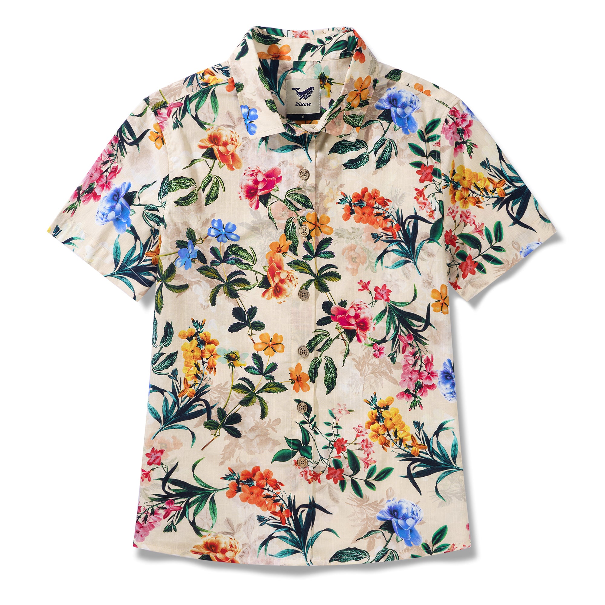 Floral Radiance 100% Cotton Women's Short Sleeve Button-up Shirt Beige Aloha Hawaiian