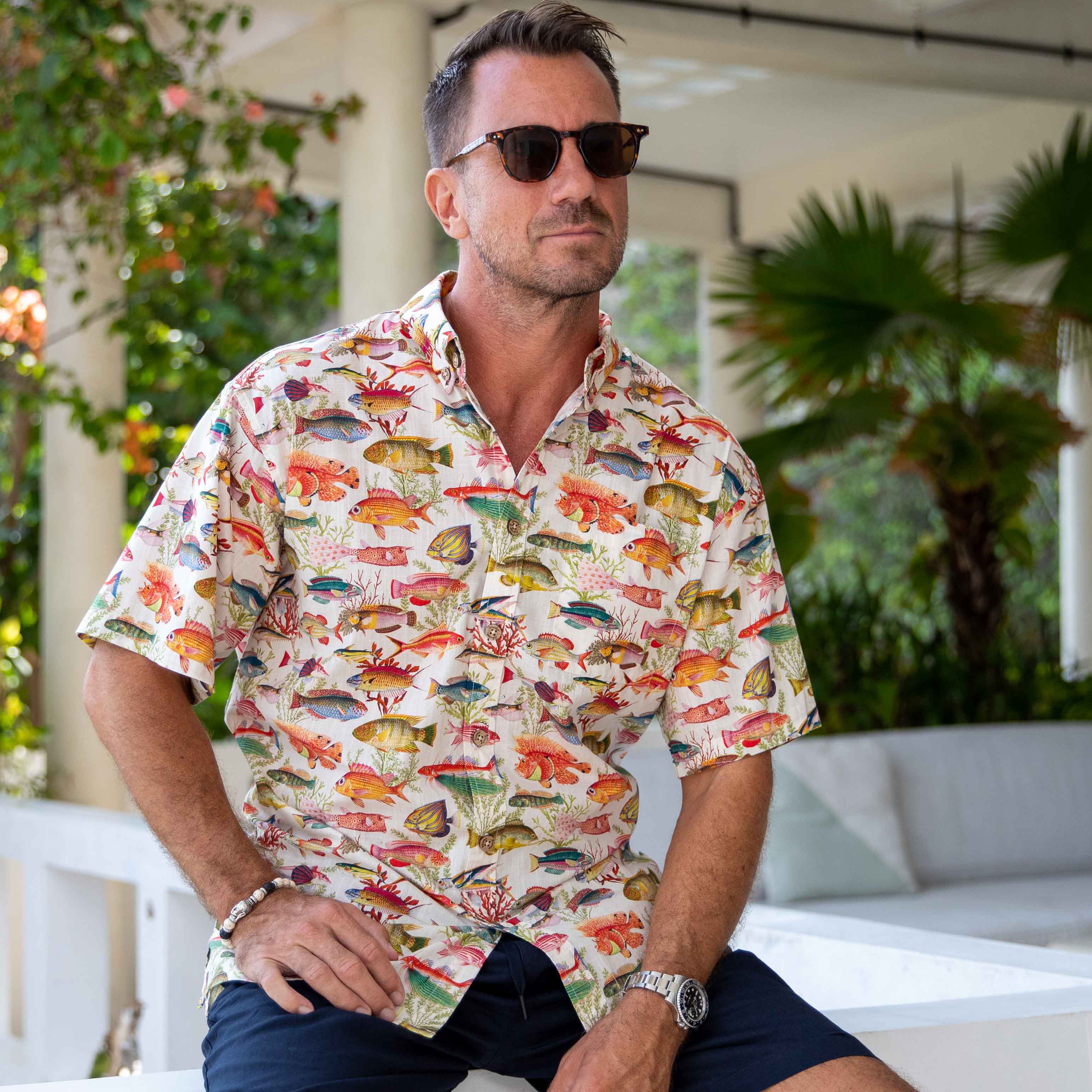 Camisa hawaiana para hombre Camisa Aloha de manga corta con botones de algodón con estampado de peces marinos y océanos