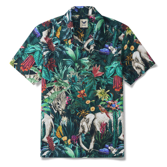 Jungle Enchantment Menagerie 100% Cotton Men's Aloha Hawaiian Short Sleeve Camp Collar Shirt