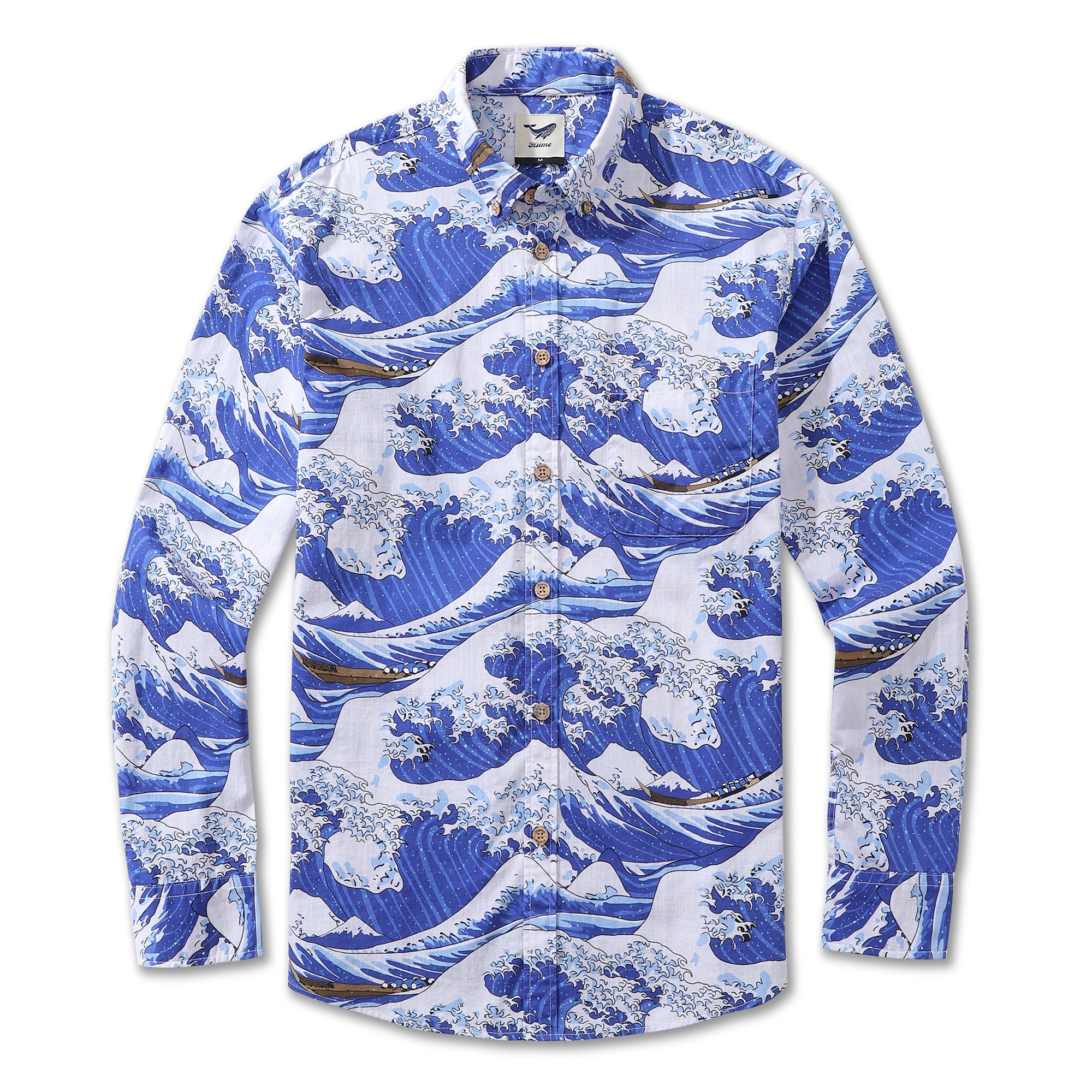 Chemise hawaïenne pour hommes Ocean Waves japonais Ukiyo-e imprimé coton boutonné à manches longues Aloha chemise