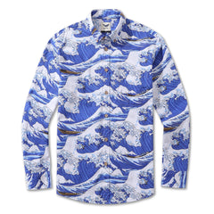 Men's Hawaiian Shirt Ocean Waves Japanese Ukiyo-e Print Cotton Button-down Long Sleeve Aloha Shirt