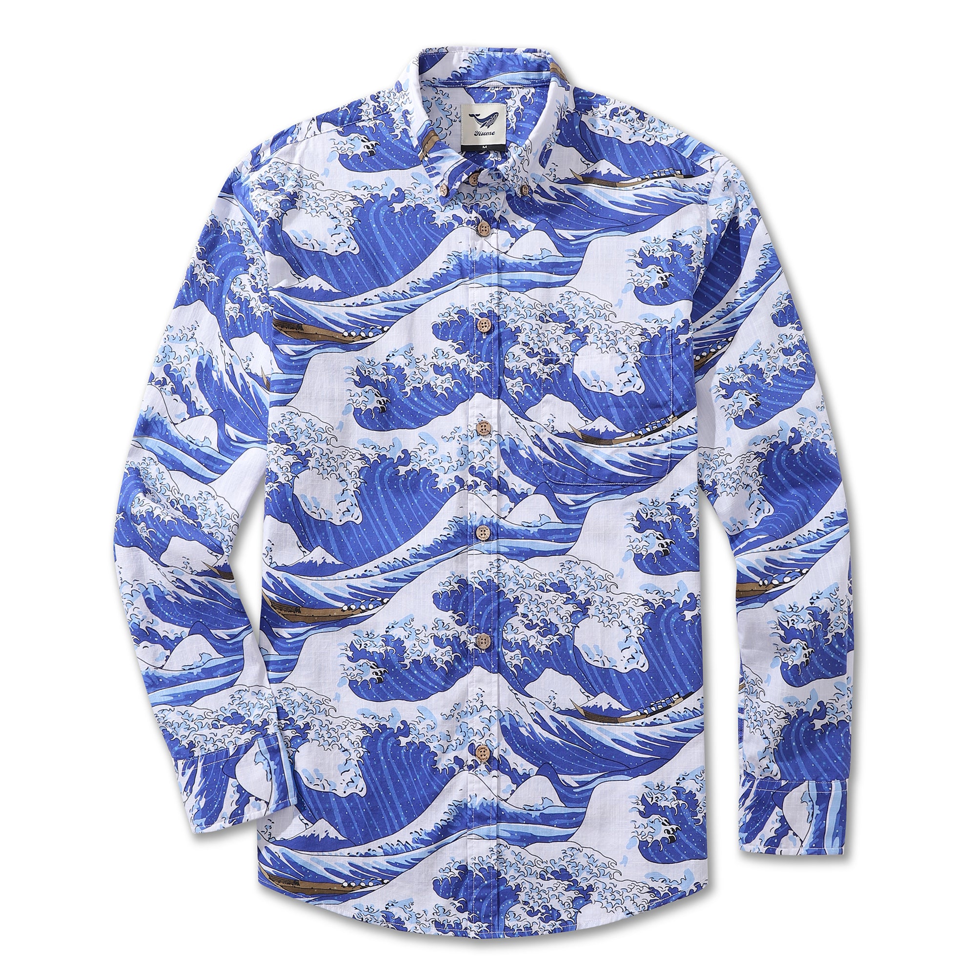 Camisa hawaiana para hombre Ocean Waves Camisa Aloha de manga larga con botones de algodón con estampado japonés Ukiyo-e