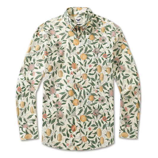 Camicia hawaiana da uomo William Morris Fruit Melograno Camicia Aloha a maniche lunghe in cotone abbottonata