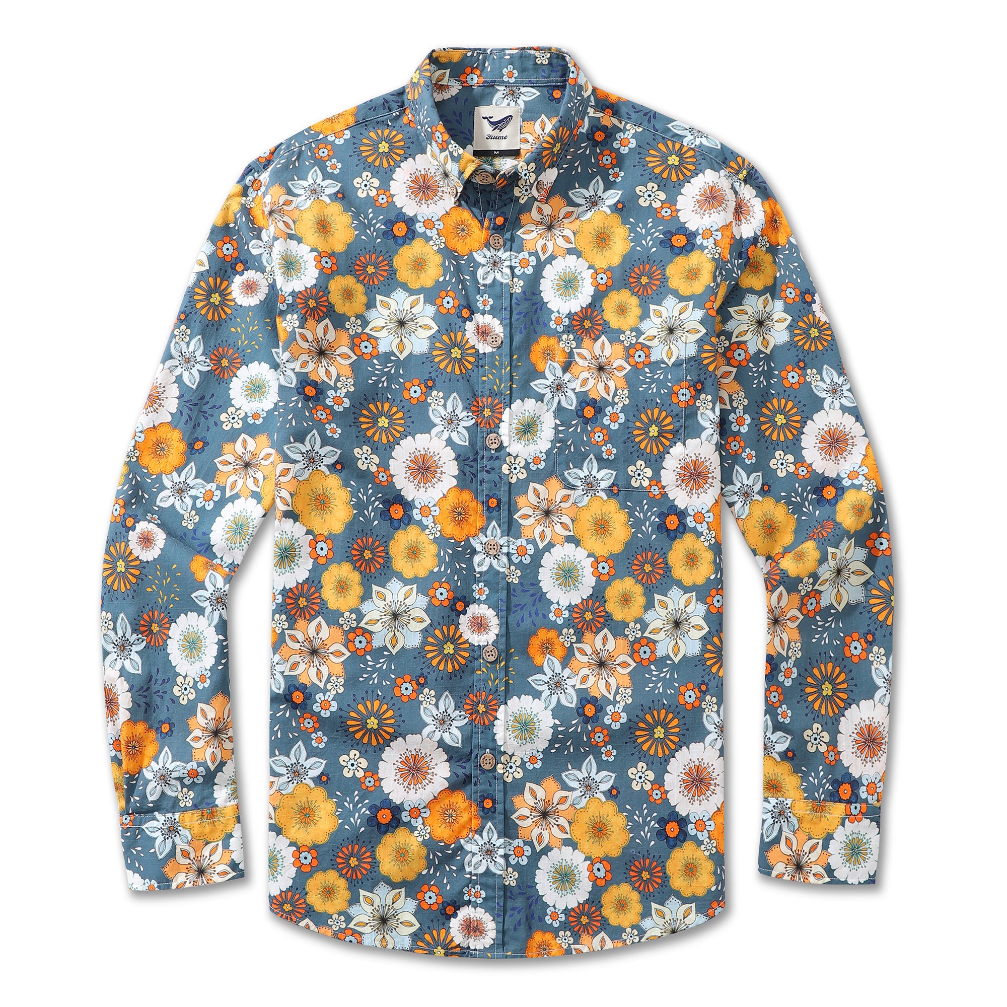 Camisa hawaiana para hombre con estampado floral de los años 60 de Samantha O' Malley Camisa Aloha de manga larga con botones de algodón