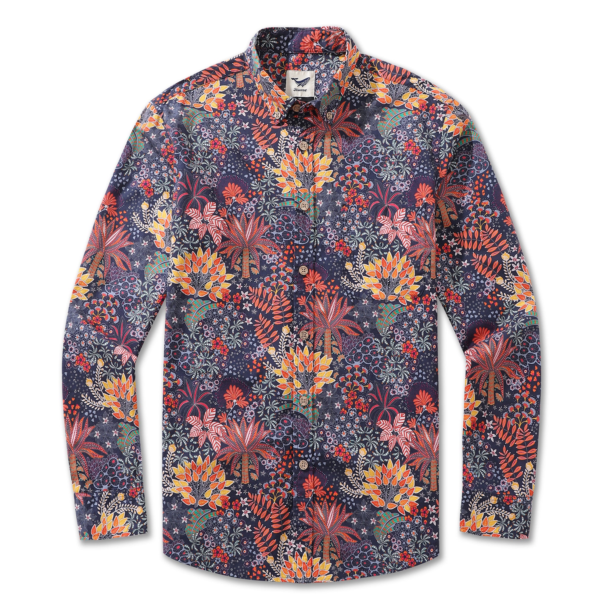 Camisa hawaiana para hombre Camisa Aloha de manga larga con botones de algodón con estampado de plantas extravagantes
