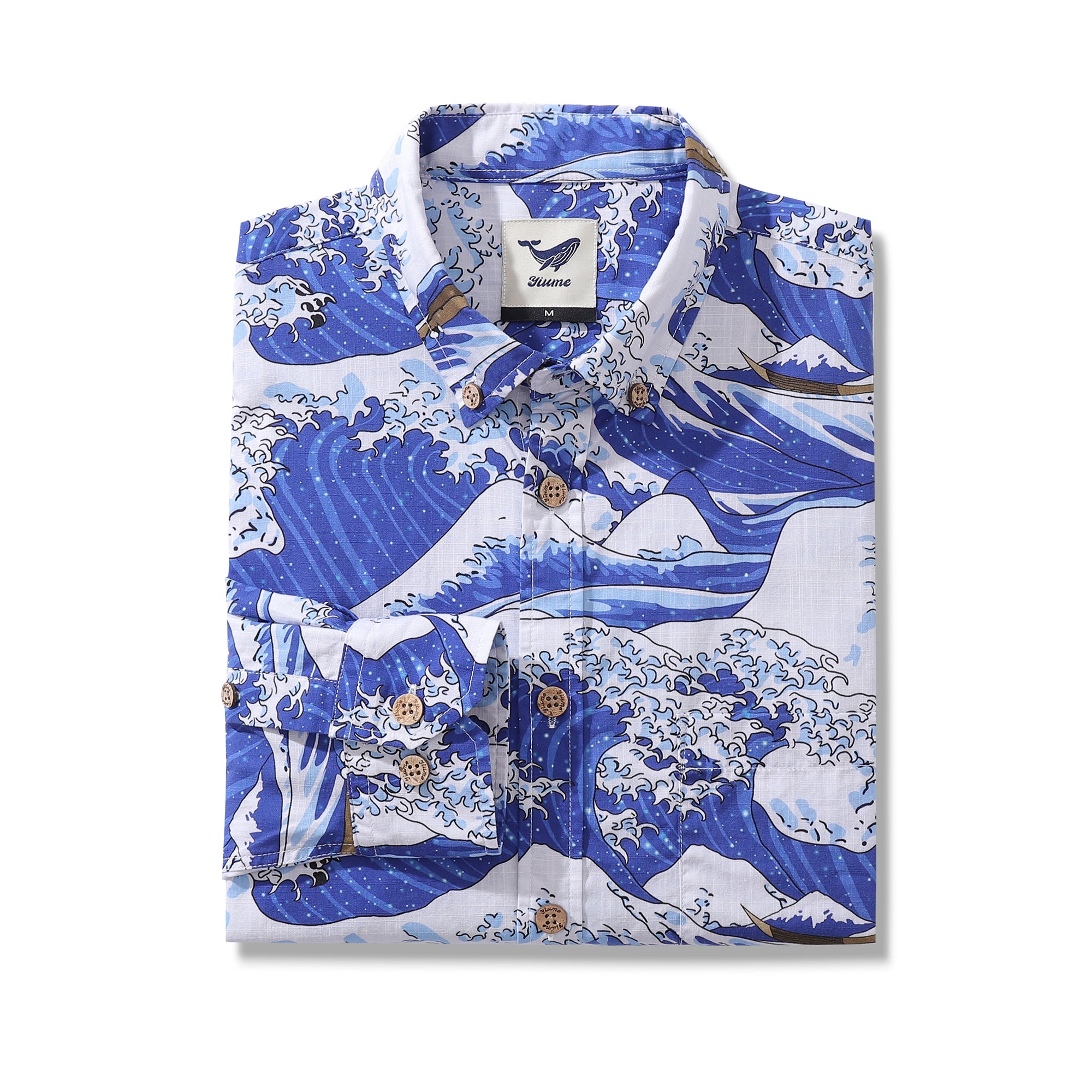 Herren-Hawaii-Hemd, Ozeanwellen, japanisches Ukiyo-e-Druck-Baumwoll-Button-Down-Langarm-Aloha-Hemd