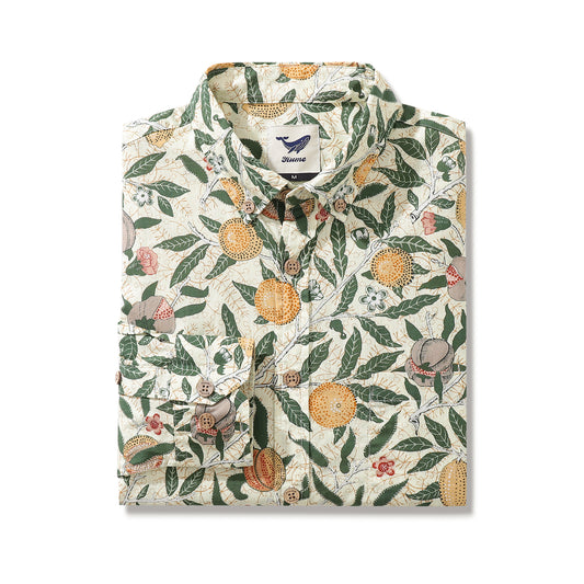 Camicia hawaiana da uomo William Morris Fruit Melograno Camicia Aloha a maniche lunghe in cotone abbottonata