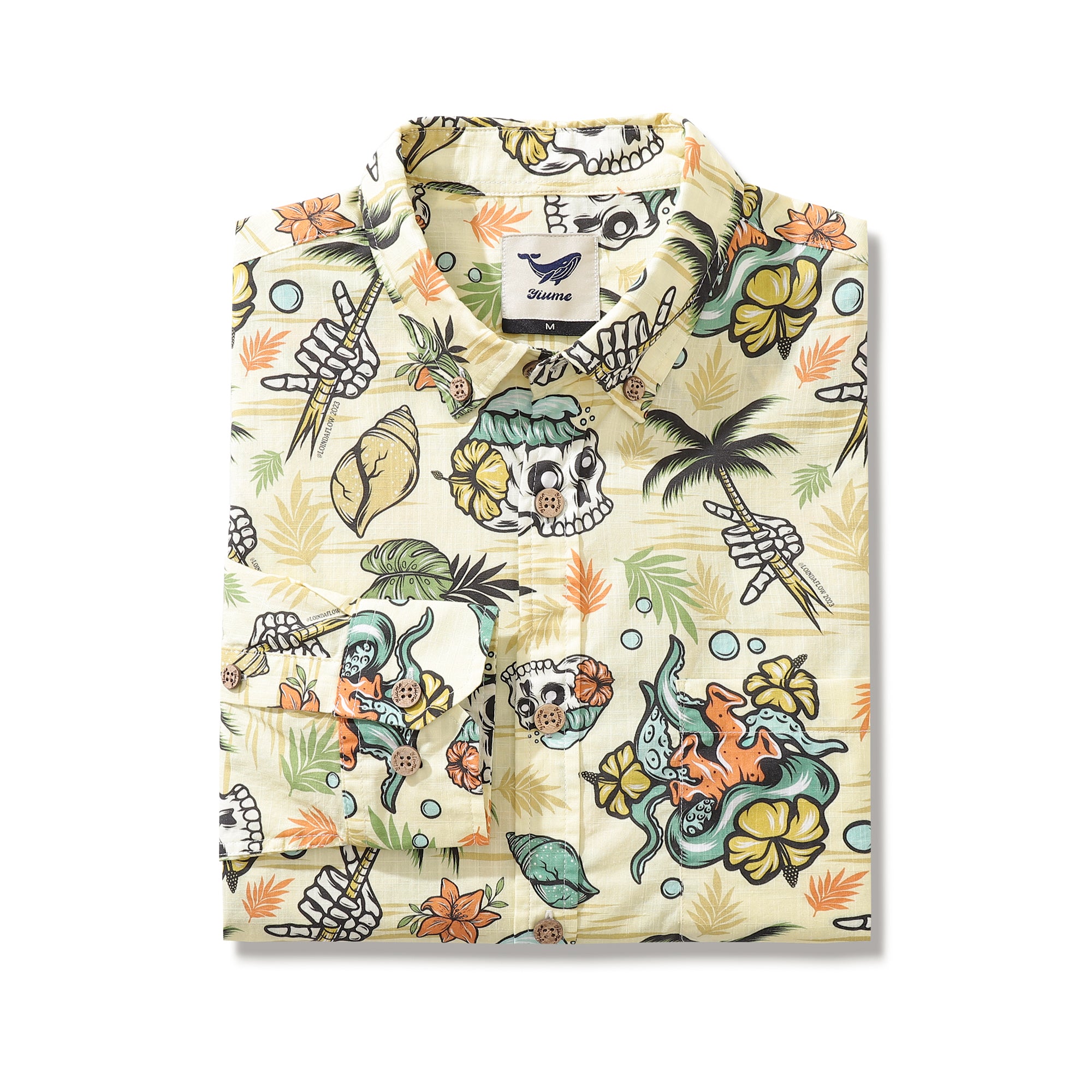 Camisa hawaiana para hombre con estampado Mystic Tropics de Loinda Flow, camisa Aloha de manga larga con botones de algodón