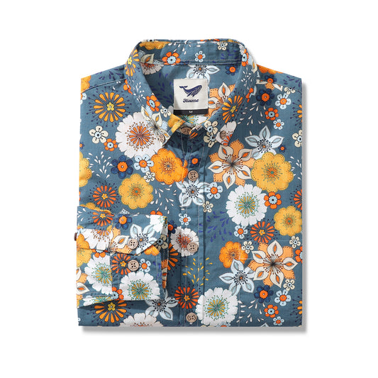 Camisa hawaiana para hombre con estampado floral de los años 60 de Samantha O' Malley Camisa Aloha de manga larga con botones de algodón