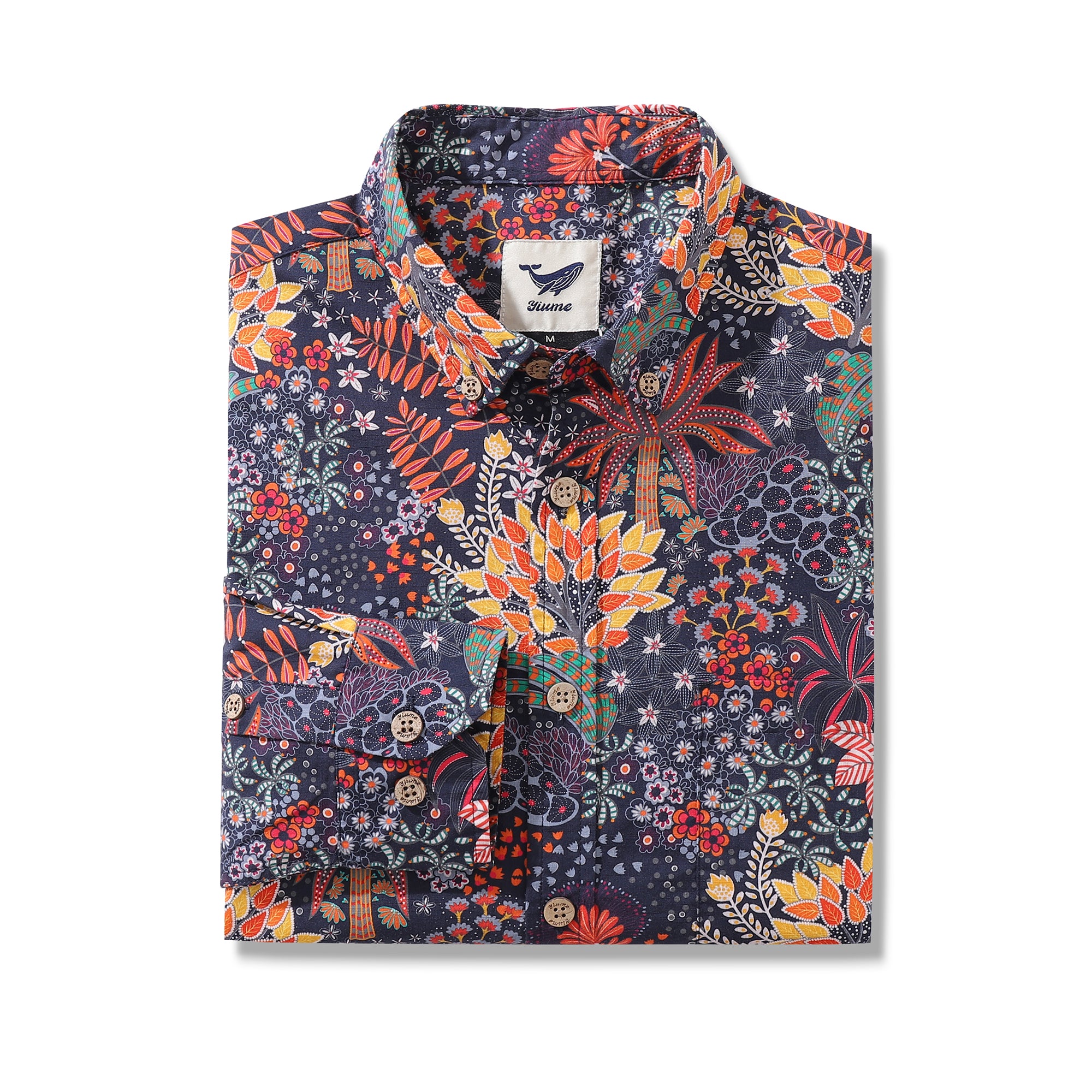 Herren-Hawaii-Hemd mit schrulligem Pflanzen-Print, langärmeliges Aloha-Hemd aus Baumwolle mit Knopfleiste