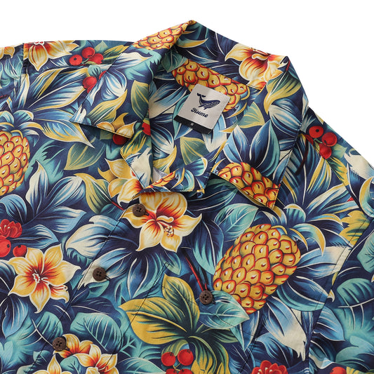 Tropical Hawaiian Shirt For Men Pineapples in the Jungle Shirt Camp Collar 100% Cotton