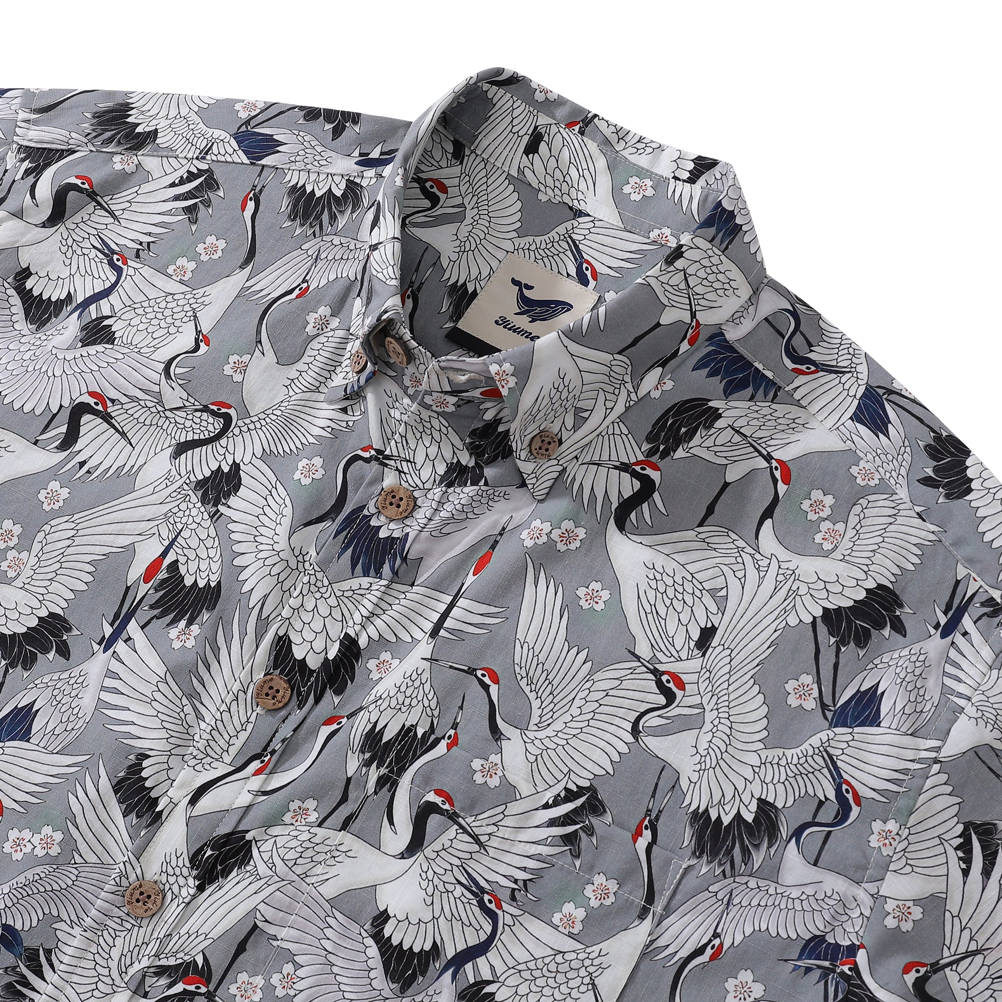 Hawaiian Shirt For Men Grey Crane 100% Cotton Shirt Button-down Short Sleeve Shirt