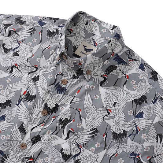 Crane Hawaiian Shirt For Men 100% Cotton Shirt Grey Button-down Short Sleeve Shirt