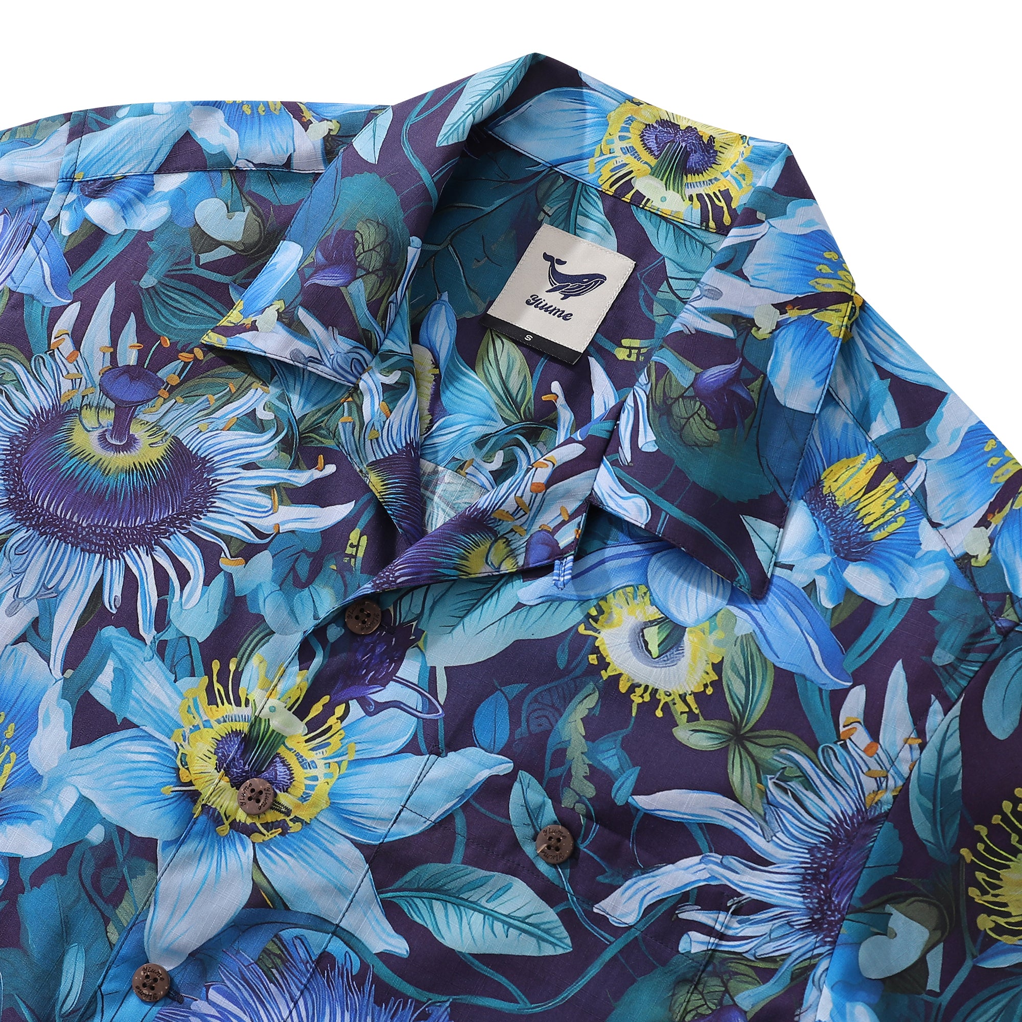 Blue Hawaiian Shirt For Men 100% Cotton Flowers Shirt Camp Collar Shirt