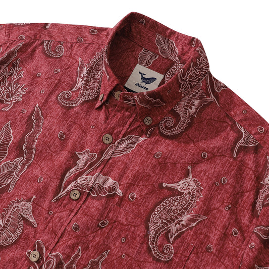 Red Hawaiian Shirt For Men Seahorses Shirt Button-down Short Sleeve 100% Cotton Shirt