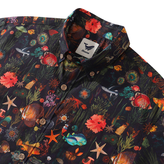 Black Hawaiian Shirt For Men Button-down Fish Shirt Short Sleeve 100% Cotton Shirt