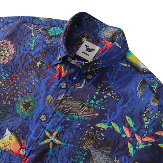 Deep Blue Hawaiian Shirt For Men Underwater World Short Sleeve Button-down Cotton Shirt