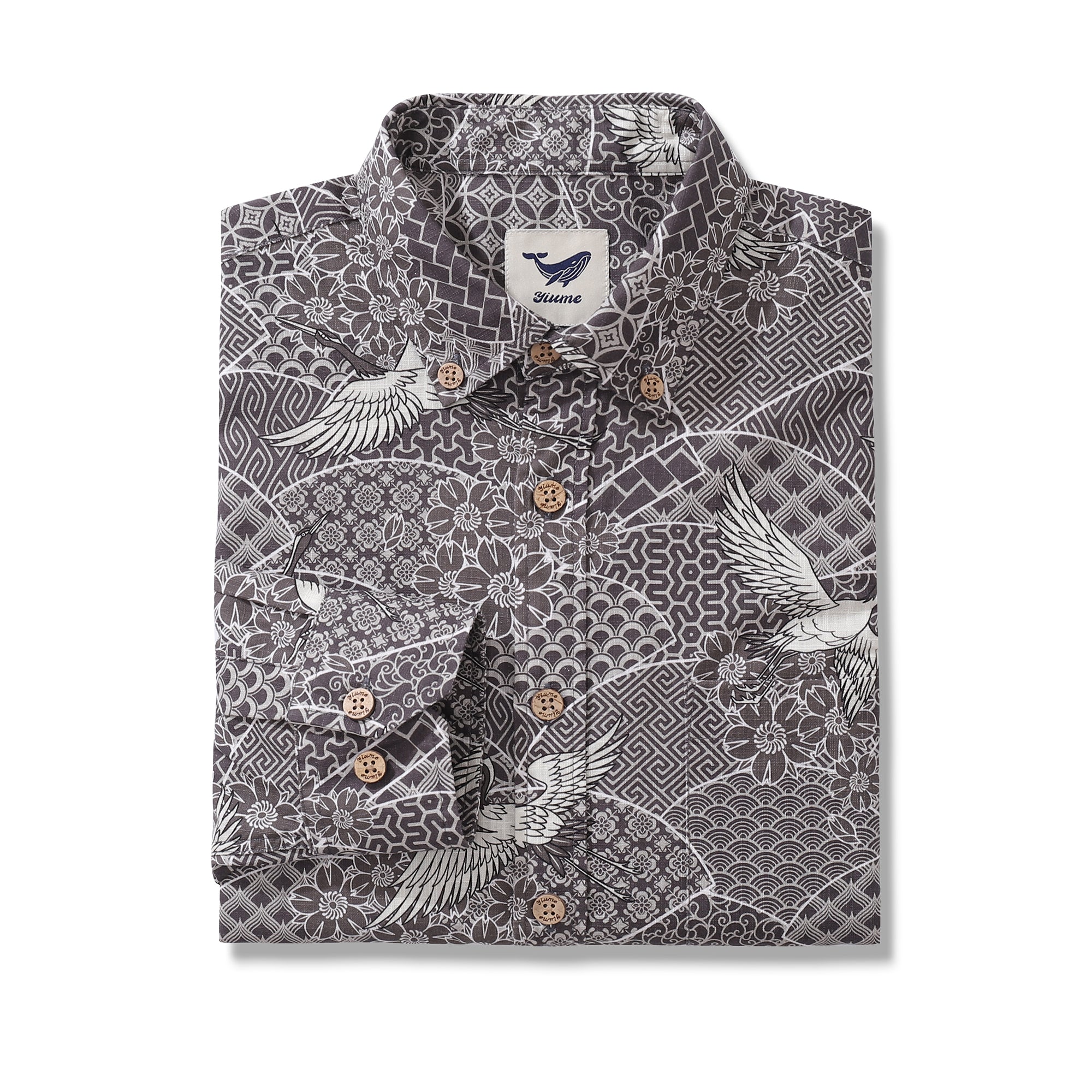 Long Sleeve Hawaiian Shirt For Men Cranes Soaring Auspicious Patterns Cotton Button-down Aloha Shirt
