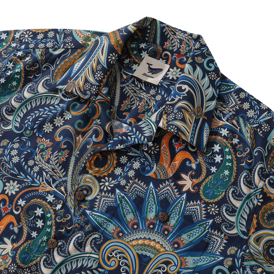 Dark Hawaiian Shirt For Men 100% Cotton Blue Night Print Camp Collar Shirt