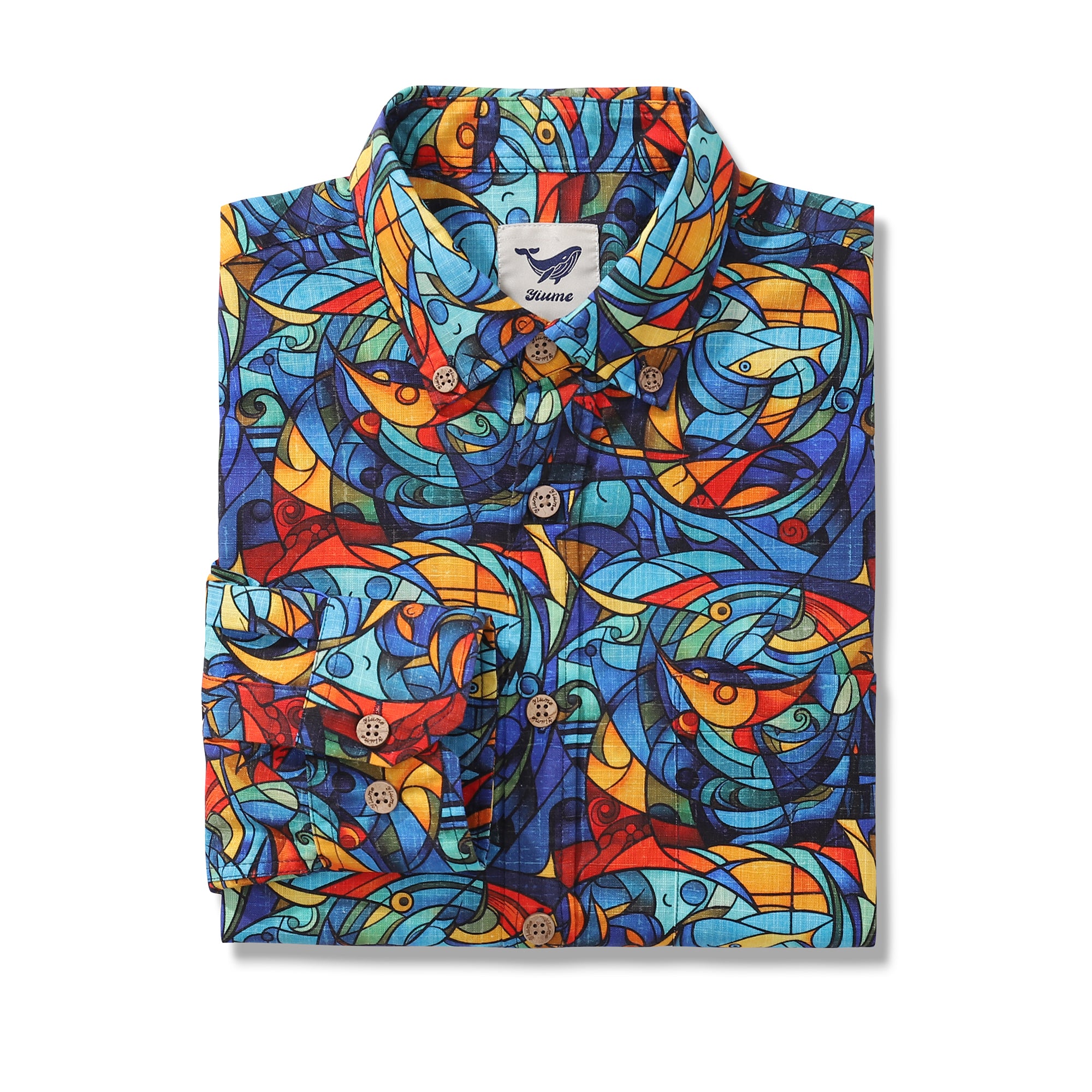 Long Sleeve Hawaiian Shirt For Men Cubism Cotton Button-down Aloha Shirt