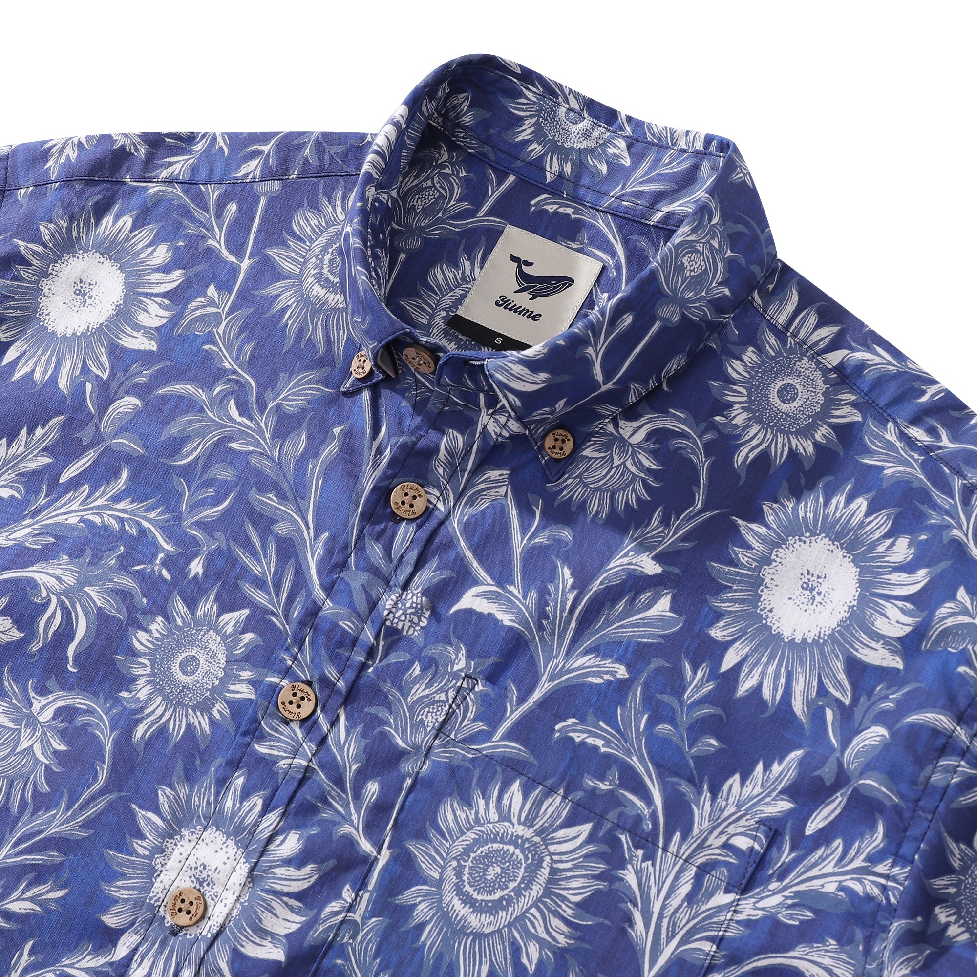 Hawaiian Shirt For Men Blue and White Porcelain Sunflower Button-down Short Sleeve 100% Cotton Shirt