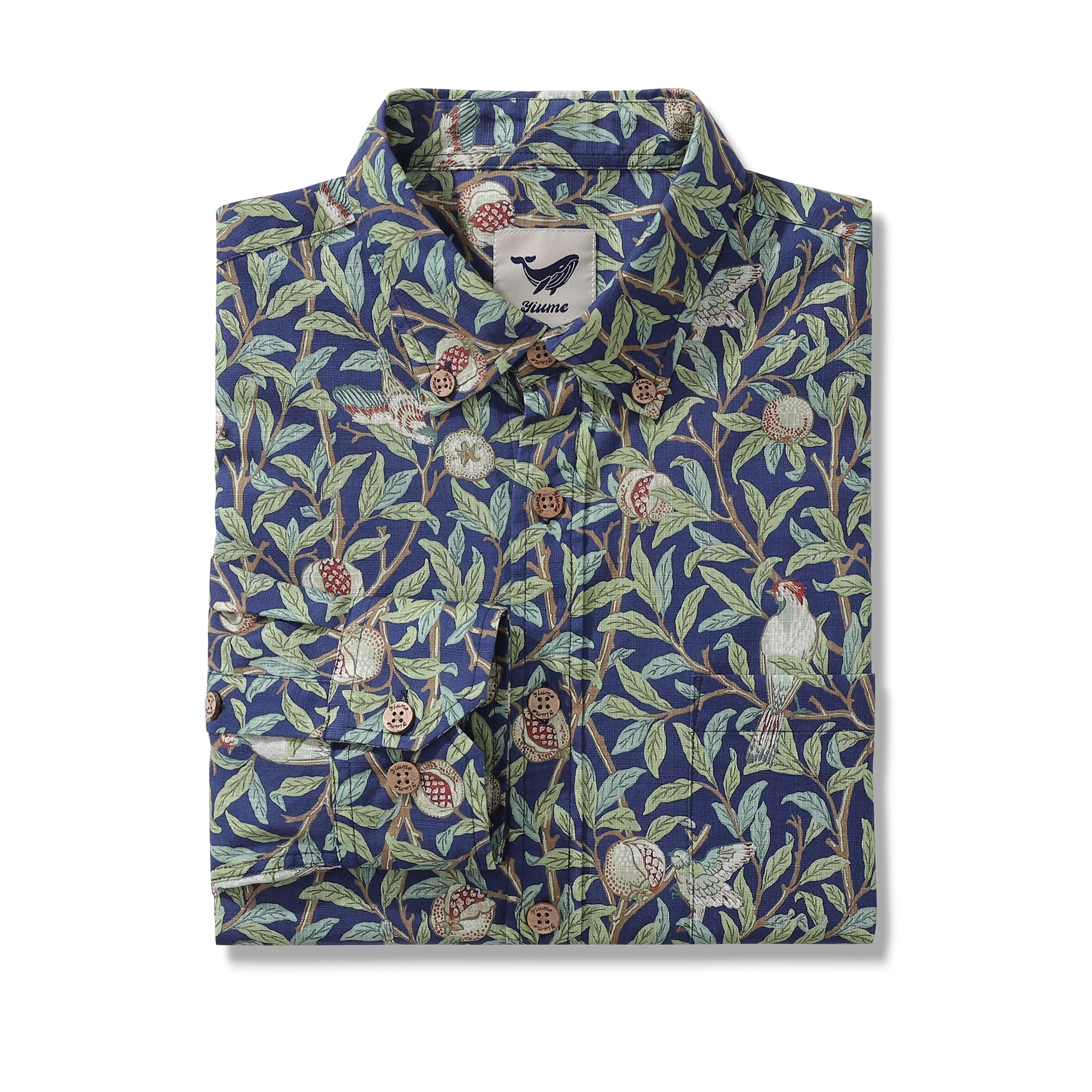 Men's Hawaiian Shirt Birds and Pomegranates Cotton Button-down Long Sleeve Aloha Shirt