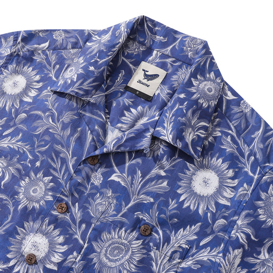 Hawaiian Shirt For Men Blue and White Porcelain Sunflower Camp collar Short Sleeve 100% Cotton Shirt