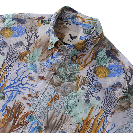 Marine Life Hawaiian Shirt For Men Gray Fish Shirt Short Sleeve Cotton Button-down Shirt