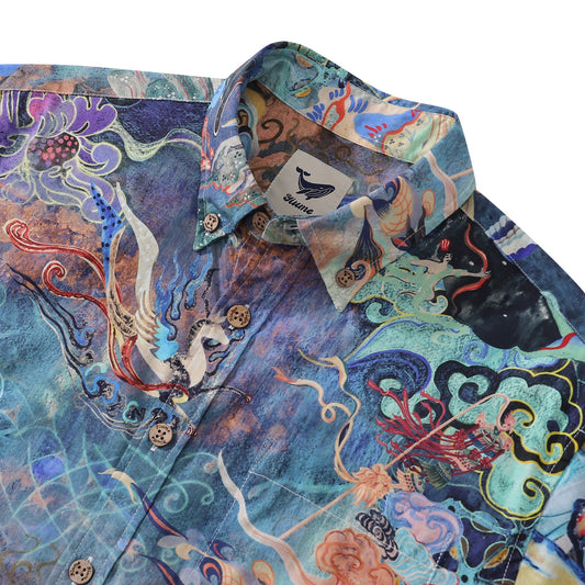 Cotton Hawaiian Shirt For Men Dreamland Art Button-down Short Sleeve Camp Shirt