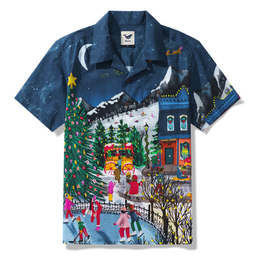 Christmas 100% Cotton Hawaiian Shirt For Men Advent Street Town By Abby Jacobs Camp Collar Aloha Shirt