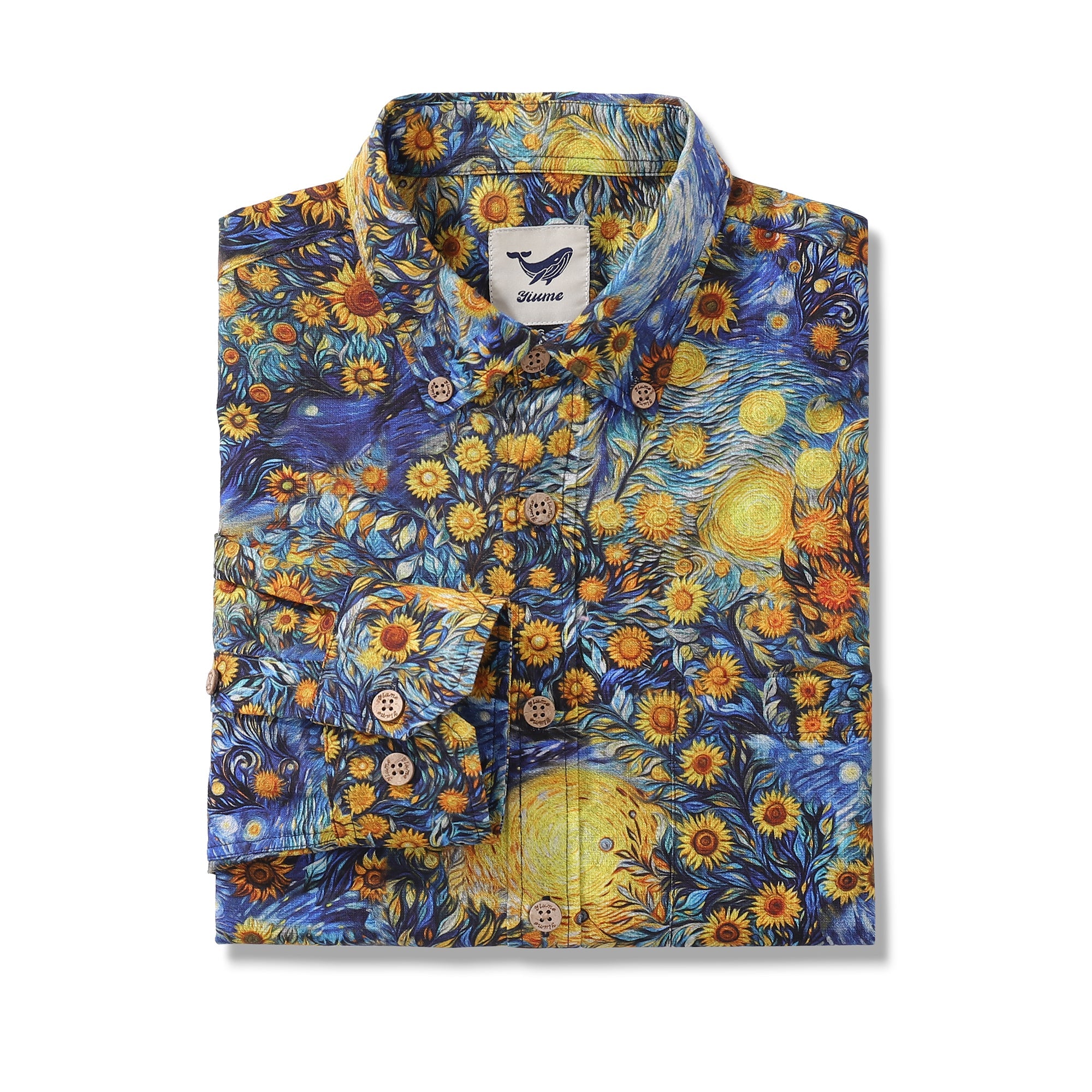 Long Sleeve Hawaiian Shirt For Men Van Gogh Sunflower Cotton Button-down Aloha Shirt