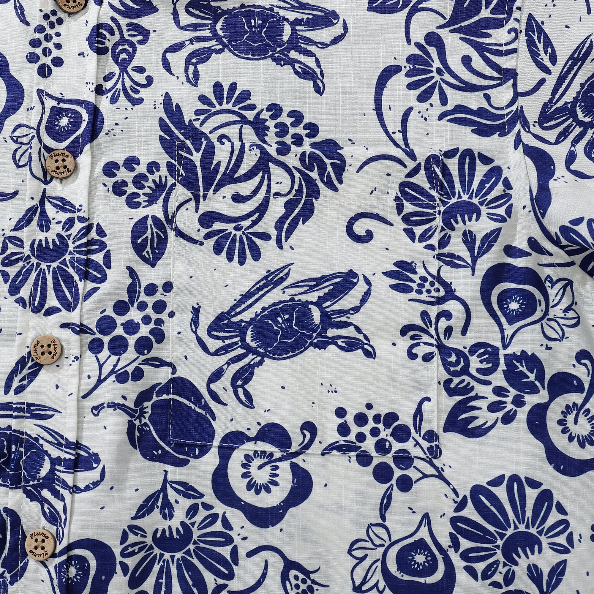 Camisa de Hombre de Botones 100% Algodón con Estampado Tropical de Higos y Cangrejos