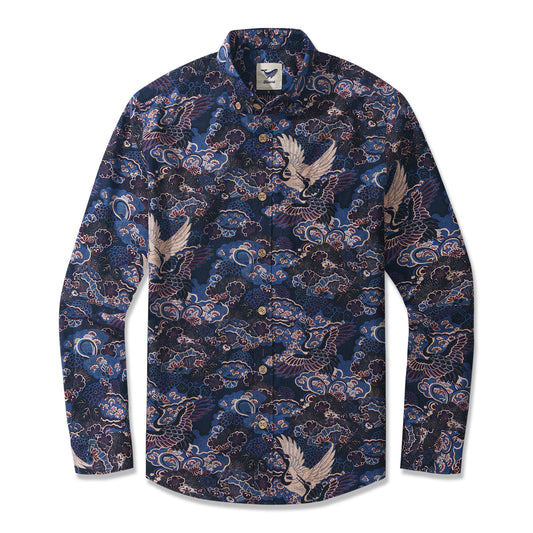 Midnight Blue Crane Reverie 100% Cotton Men's Aloha Hawaiian Long Sleeve Button-down Shirt