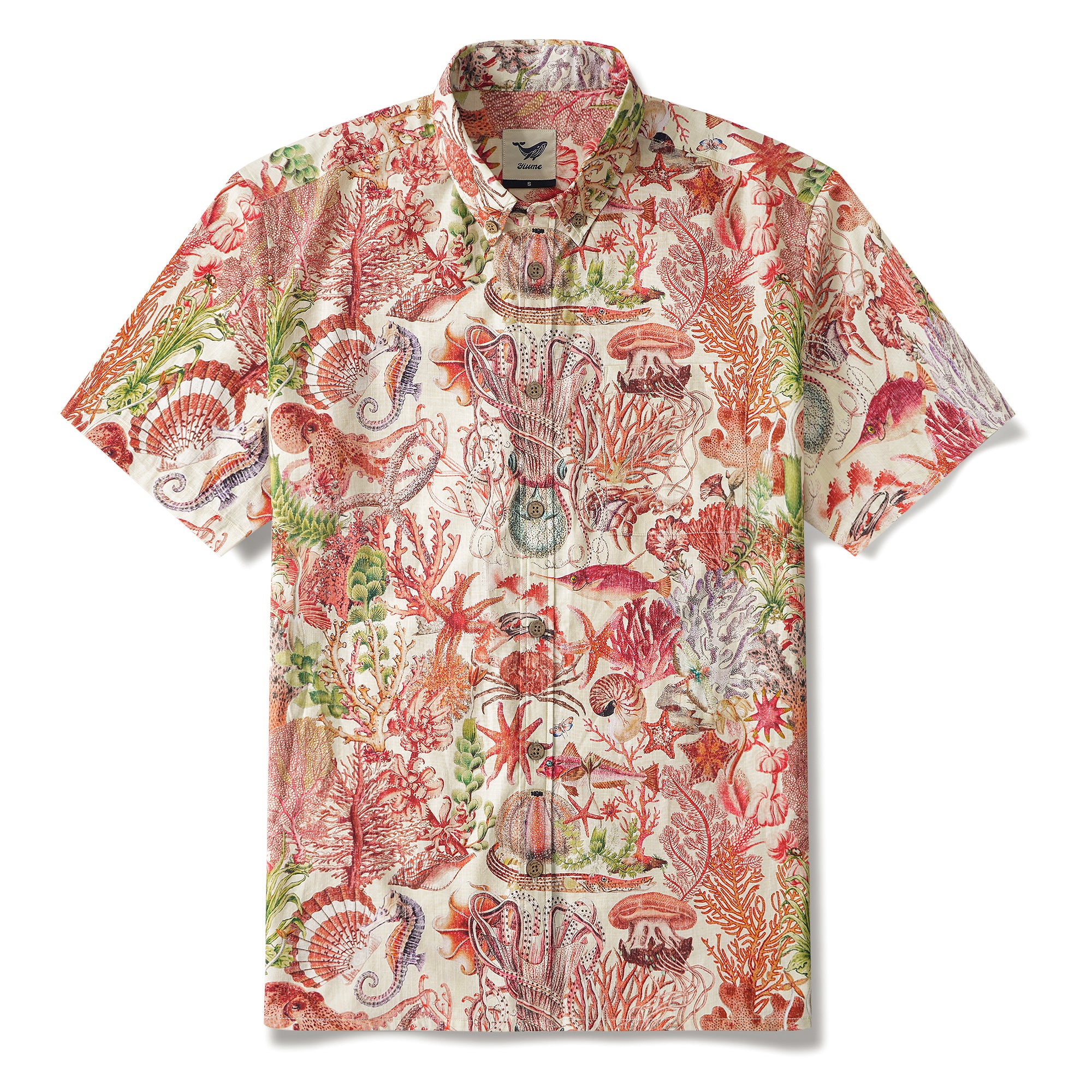 Dreamy Seas 100% Cotton Men's Short Sleeve Button-down Shirt Beige Aloha Hawaiian