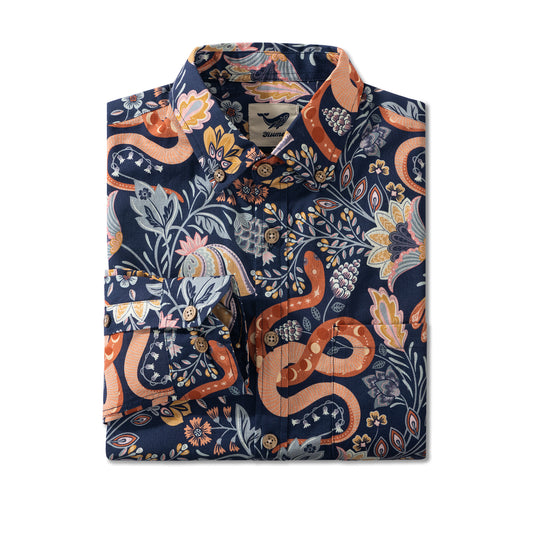 Year of the Snake By House of Haricot 100% Cotton Men's Long Sleeve Button-down Shirt Blue Aloha Hawaiian