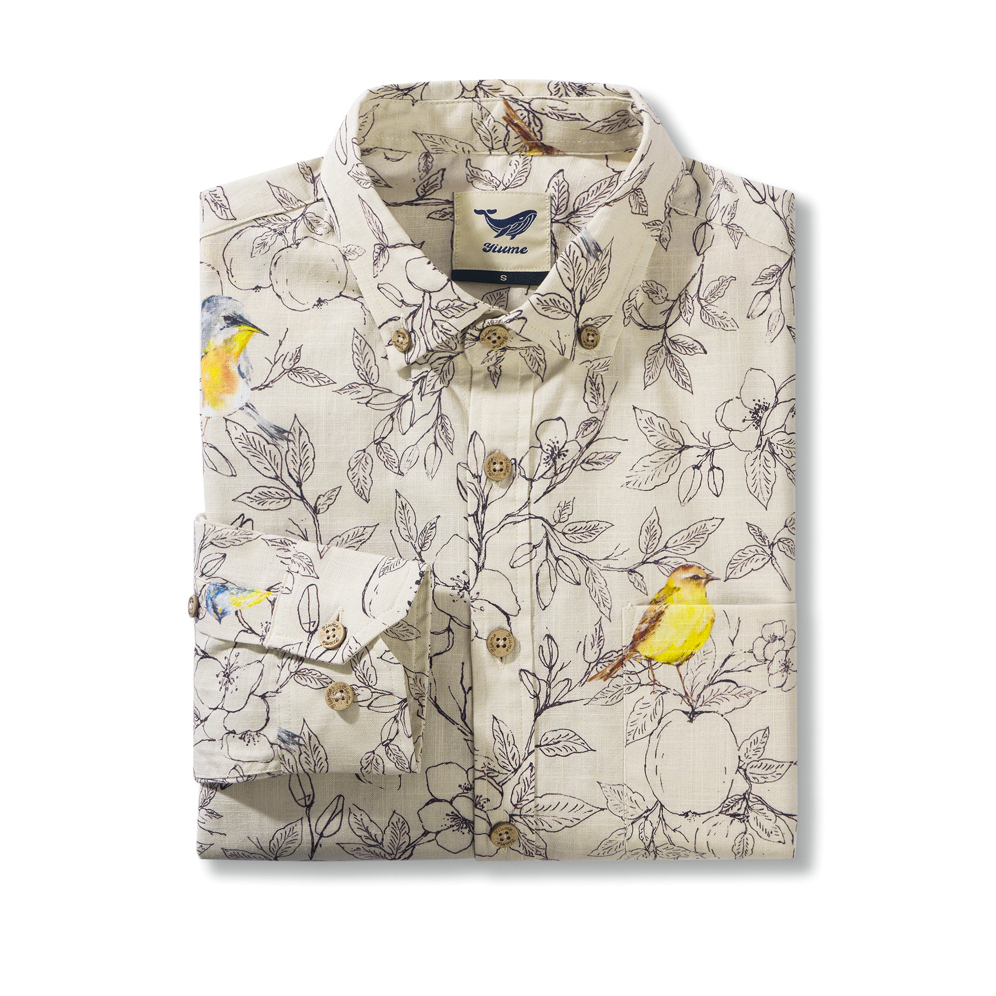 Birds and Blossoms By Hina Mirza 100% Cotton Men's Long Sleeve Button-down Shirt Beige Aloha Hawaiian