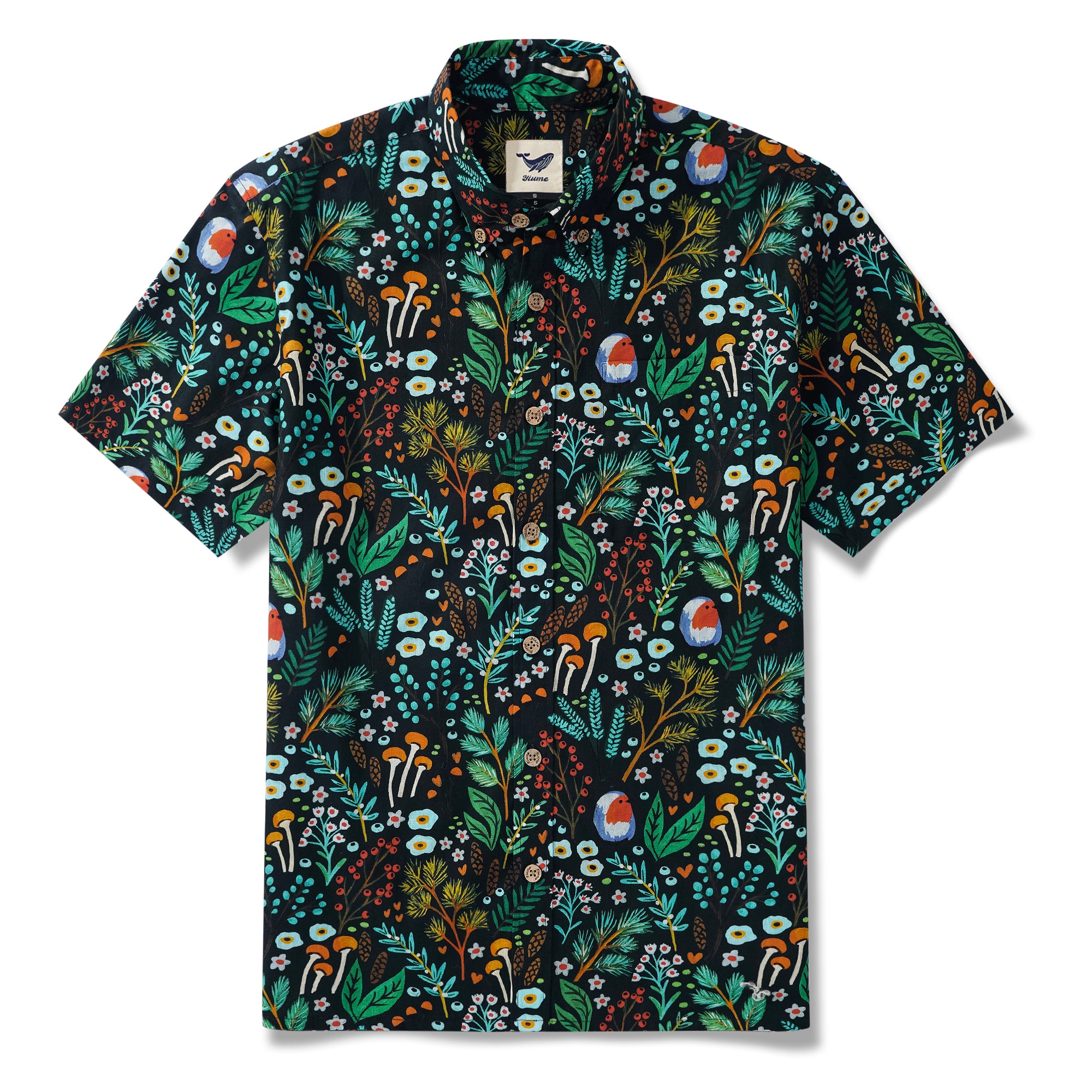 Woodland Walk By Shelley Aldrich 100% Cotton Men's Aloha Hawaiian Short Sleeve Button-down Shirt