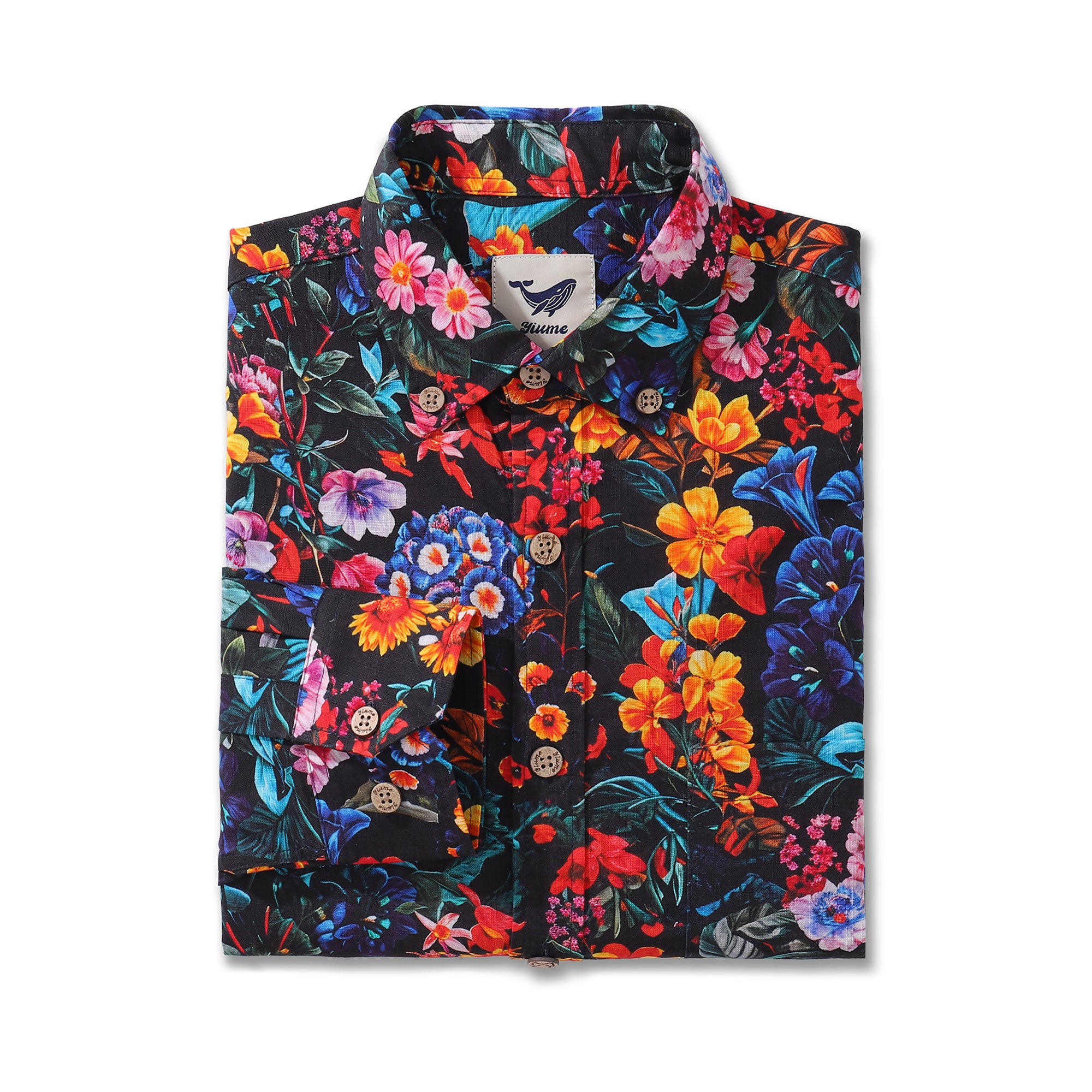 Long Sleeve Hawaiian Shirt For Men Colorful Garden Cotton Button-down Aloha Shirt