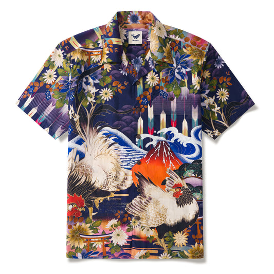 Japanese ukiyo-e Hawaiian Shirt 100% Cotton Men's Aloha Short Sleeve Camp Collar Wave Shirt