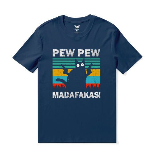 Camiseta hawaiana para hombre Pew Pew Madafakas Cat Tee Cuello redondo 100% Algodón - AZUL MARINO